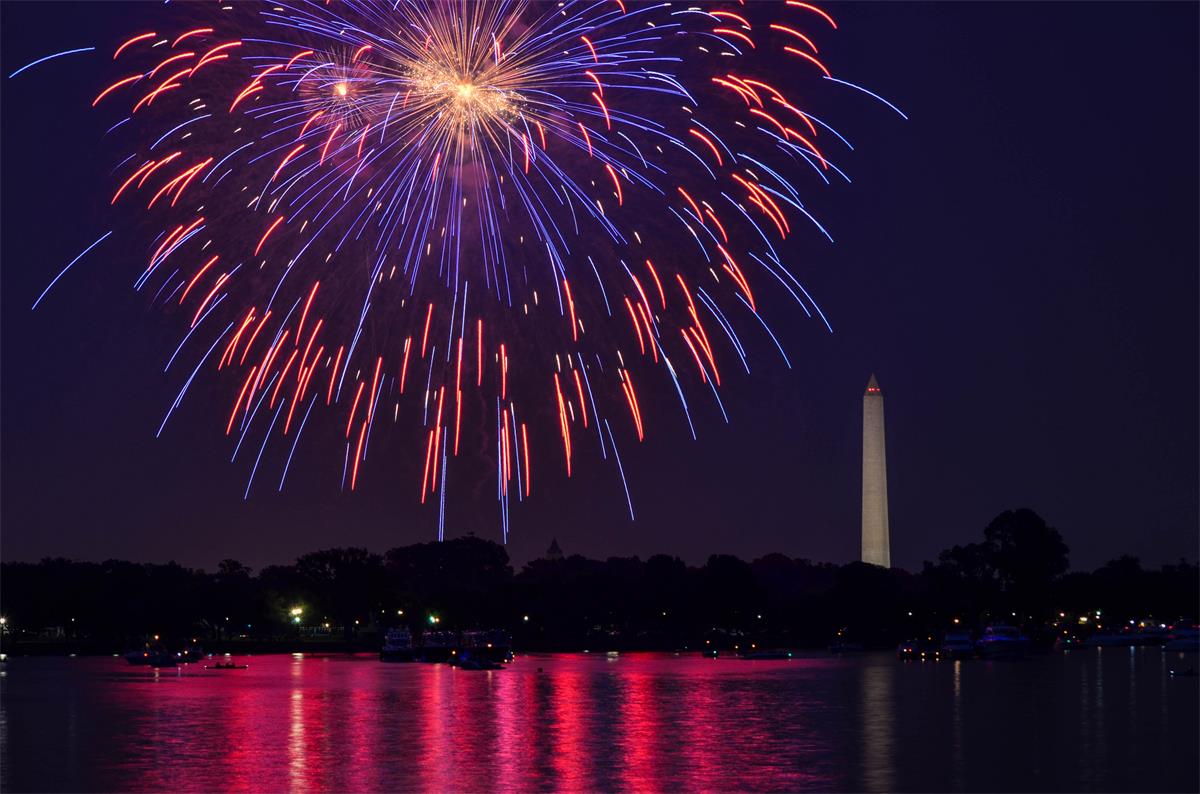 Fireworks DC image of fireworks over the DC tidal basin, with Washington Monument in background
